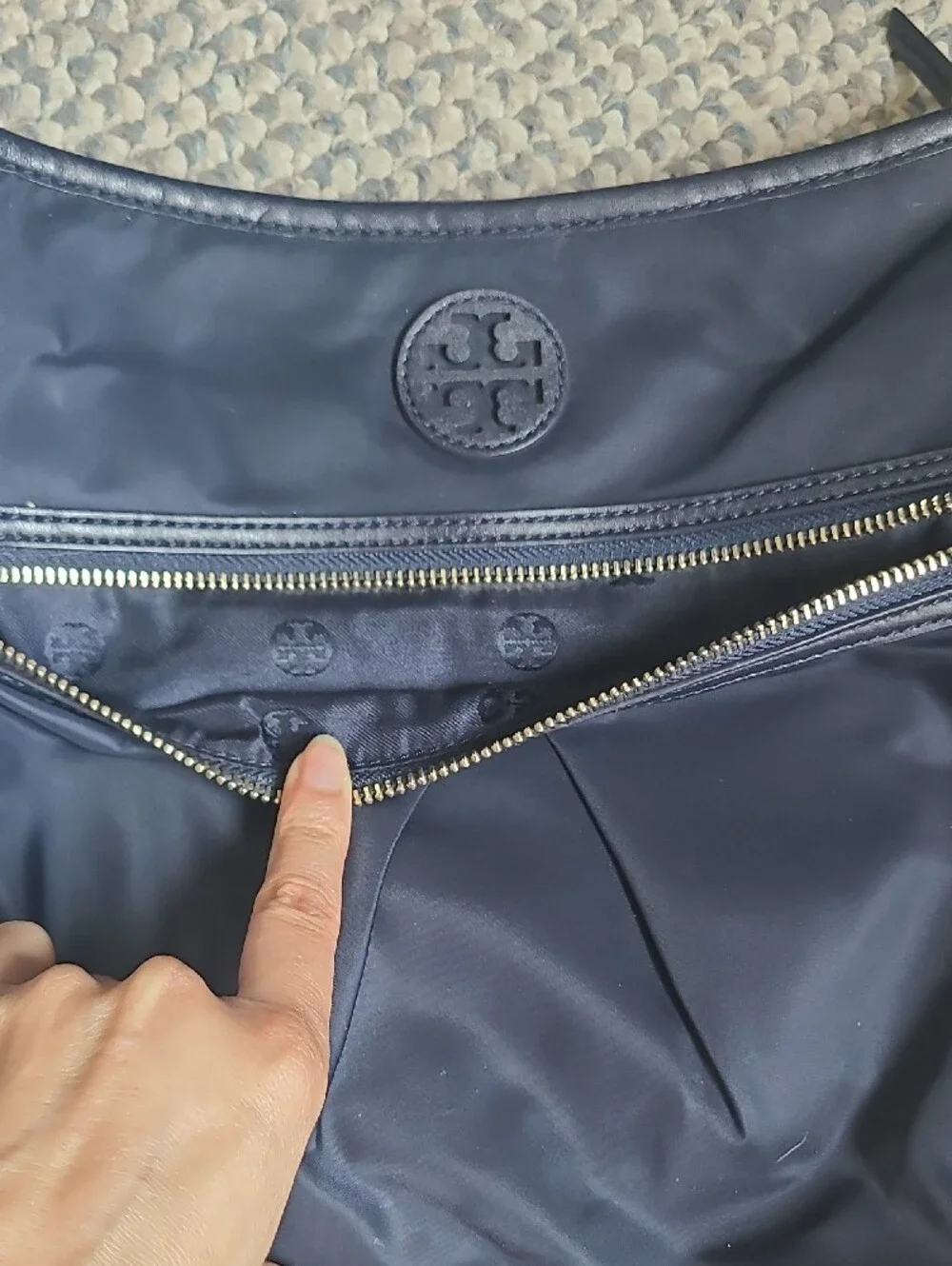 Tory Burch Navy Crossbody Nylon Bag with Gold Zip and Logo